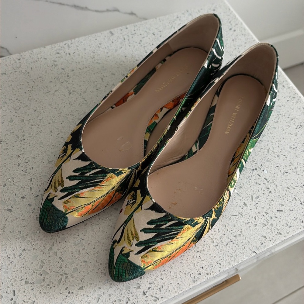 Stuart Weitzman Botanical Tropical Floral Flats Boho Resortwear Green SZ 7